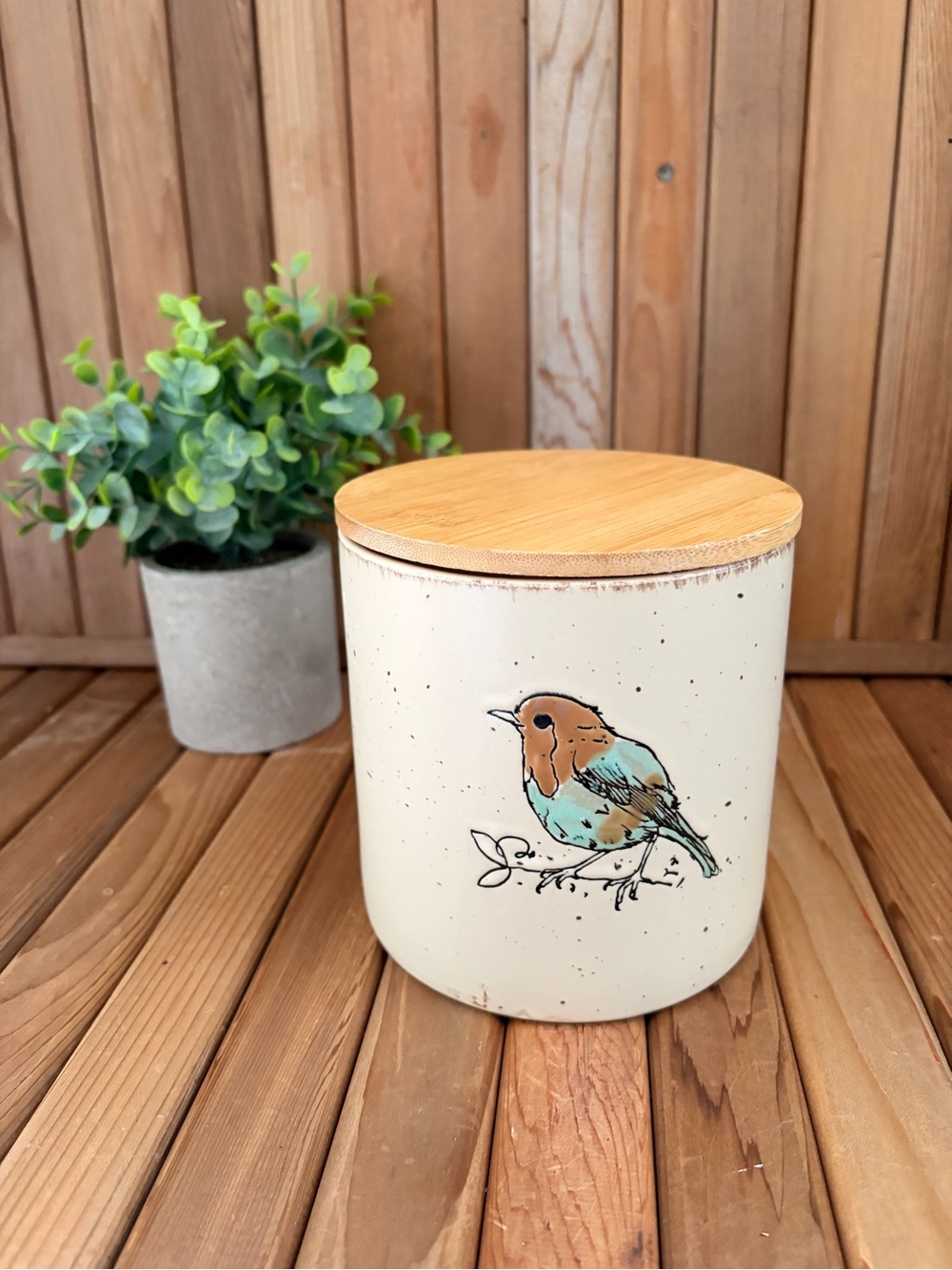 Homegoods Blue Bird Ceramic Canister with Bamboo Lid Farmhouse Kitchen Storage